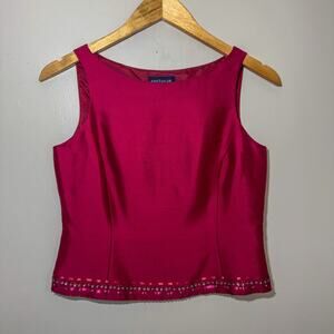Vintage Ann Taylor Petite 100% Silk Beaded Fuchsia Pink Sleeveless Shell Top